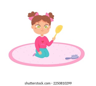 Niña mirando la ilustración del vector espejo. Caricatura linda princesa pequeña con sonrisa sosteniendo el espejo para mirar y hacer un hermoso peinado en la mañana, niño gracioso sentado en la alfombra de casa con peine