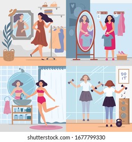 Chica mirando al espejo. Las mujeres en el elegante vestidor, el baño y el gimnasio miran en los espejos. Reflejo feliz en conjunto de ilustraciones vectoriales de espejo. Mujer mirando al espejo, atractiva y de moda femenina