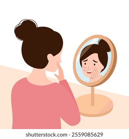 Girl looking in a mirror and worry about her acne face. Skin problem.