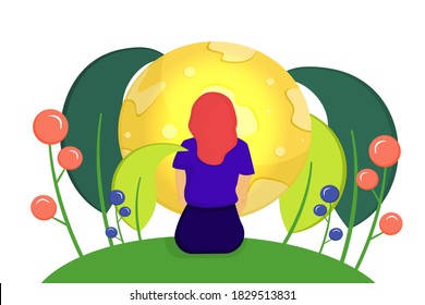 Girl looking at the moon, back view isolated on a white background. A girl from the back and a planet surrounded by leaves and flowers. Vector illustration in flat cartoon style.