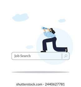 Girl looking for new job, employment, job search, finding opportunity, seek for vacancy or work position concept, job search bar with binoculars to see opportunity.