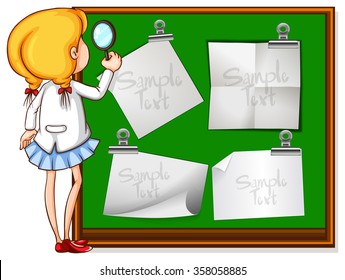 Niña mirando notas en la ilustración del tablero