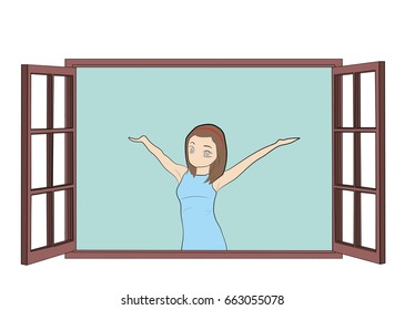 The girl is looking at the open window. Hand drawn cartoon vector illustration for design and infographics.