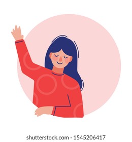 Girl Looking Out of Round Frame, Teenager Waving Her Hand in Circle Window Hole Vector Illustration