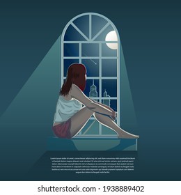 Girl Looking Out Through The Window At Night Vector Illustration.
Can Be Used As A Poster, Merchandise, Design Element, Or Any Other Purpose.