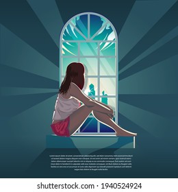 Girl looking out through the window in the morning vector illustration. unlocked layers
can be used as a poster, merchandise, design element, or any other purpose.