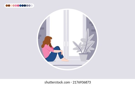 A girl looking out the window alone and thoughtful. Vector illustration.
