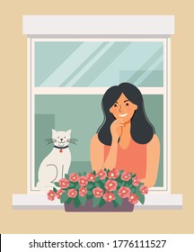 Girl looking out window with flowers. Vector flat illustration