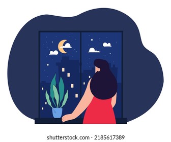 Girl looking out window at night city flat vector illustration. Back view of girl looking at starry sky and dreaming. Relax, dream, interior concept for banner, website design or landing web page