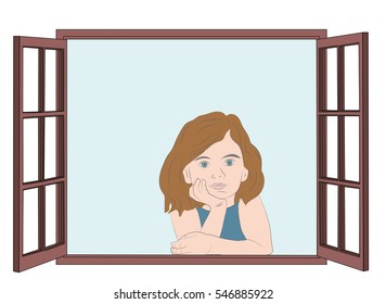 girl looking out the window. vector illustration.