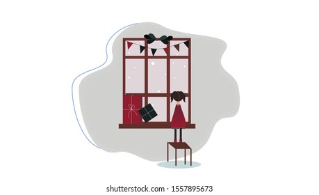 Girl looking out the window, winter outside, snow outside, happy new year holiday, greeting card, winter card, hand-drawn flat color illustration, winter mood