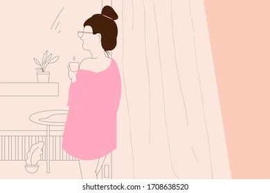 Girl looking outside her home while drinking a cup of coffee. Me time. Stay at home concept.