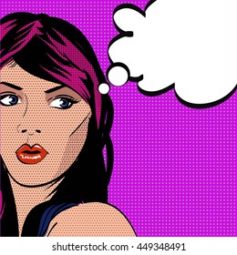 Girl Looking Over. Pop art style vector illustration.