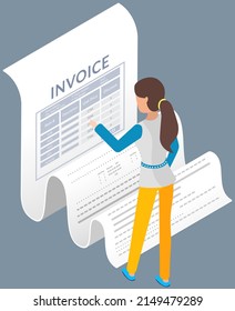 Girl looking at payment check. Purchase document, financial invoice, purchase bill, payment calculation. Receipt form of seller. Woman examines invoice to pay. Results of financial transactions