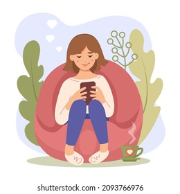 Girl is looking at phone, sitting in soft red armchair. Woman spends time on social networks. Cozy interior of house. Online communication, leisure, recreation. Vector illustration for poster, banner