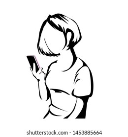 girl looking at phone vector silhouette, simple illustration