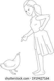 Girl looking at poultry and talking with it. Linear, contour, black and white illustration. Can be used for coloring page