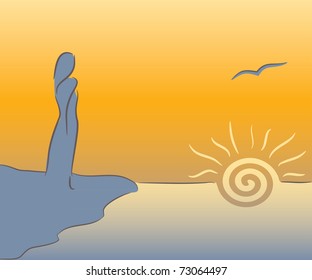 The girl is looking at sea. The stylized vector.