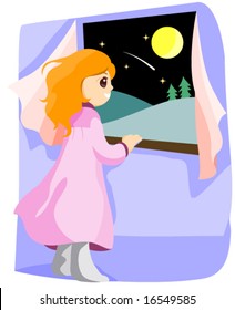 Girl looking at Shooting Star - Vector