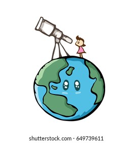Girl looking the sky with telescope on the earth. Cute cartoon drawing in doodle style. Science design for education. 
