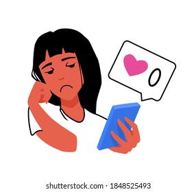 A girl looking at a smartphone app with zero likes. A frustrated woman disappoints by social media. An unpopular teenager is upset by no likes. A vector cartoon illustration.