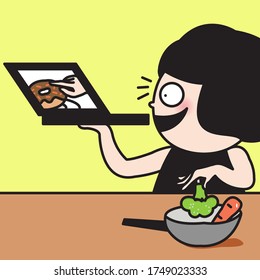 Girl Looking At Someone Making Donuts Step By Step On Laptop Rather Than Cooking Her Own Healthy Meal Concept Card Character illustration