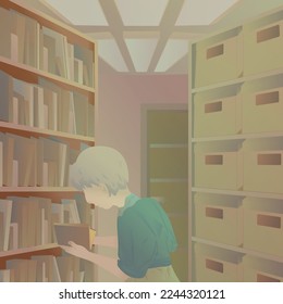 the girl is looking for something in the library for screensavers, albums, covers, cards, posters. vector illustration of a book lover
