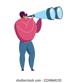 Girl looking through binocular far ahead vector illustration. Woman standing and seeing sights far away. Tourist, explorer concept