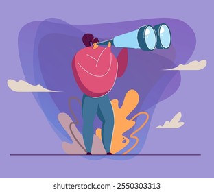 Chica mirando a través de la Ilustración vectorial binocular muy adelante. Mujer de pie y viendo vistas desde lejos. Nubes, arbustos en el fondo. Concepto de turista, explorador