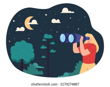 Girl Looking Through Binoculars On Night Forest And Nature. Hike Adventure Of Female Character Flat Vector Illustration. Excursion, Vision Concept For Banner, Website Design Or Landing Web Page