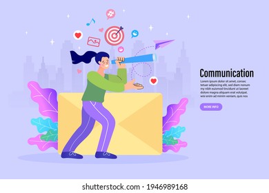 A Girl Looking Through A Binoculars Stand Near A Large Envelope. Business Communication, Internet And Technology Concept. Vector Illustration.