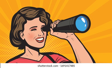 Girl Looking Through Spyglass. Retro Comic Pop Art Vector Illustration