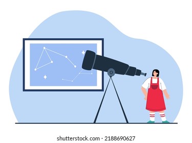 Girl looking through telescope flat vector illustration. Kid exploring constellations. Hobby, astronomy, science, education concept for banner, website design or landing web page