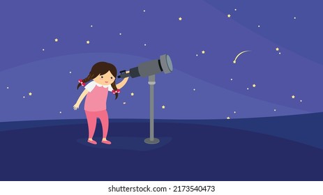 Girl looking through a telescope at the night sky