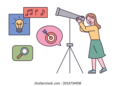 Una chica está mirando a través de un telescopio. ilustración simple del vector de esquema.