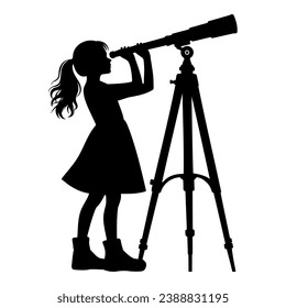 Girl looking through telescope silhouette. Vector illustration