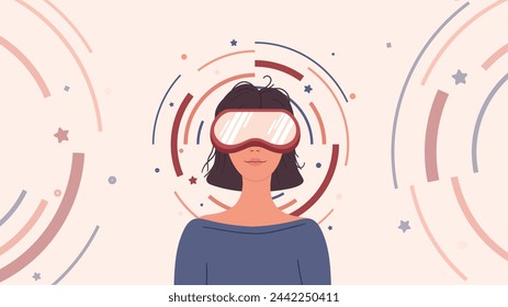 Girl looking through virtual reality goggles. Modern woman in futuristic glasses. Colored flat cartoon, person working with VR headset. Vector illustration