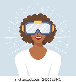 Girl looking through virtual reality goggles. Modern woman in futuristic glasses. Girl working with VR headset. Illustration, vector