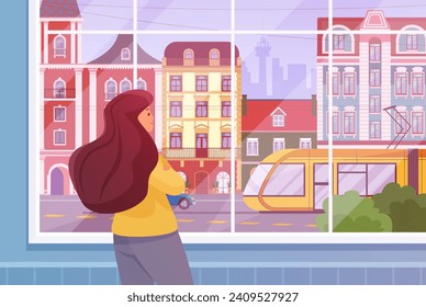 Girl looking through window glass at tram and street of summer old city. Pensive female character standing alone with back inside home room to enjoy town view and think cartoon vector illustration