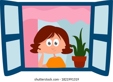 Girl looking through the window, illustration, vector on white background
