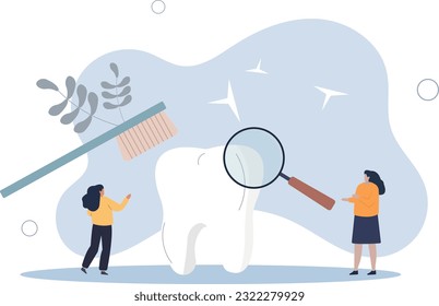 Girl looking at tooth through magnifier flat vector illustration. Female character brushing huge tooth, taking care of dental health.
