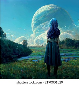A girl looking towards Neptune in a meadow on a planet. He thinks of the creatures living there, He has a peaceful life, 3D art , special illustration, art design, Vector