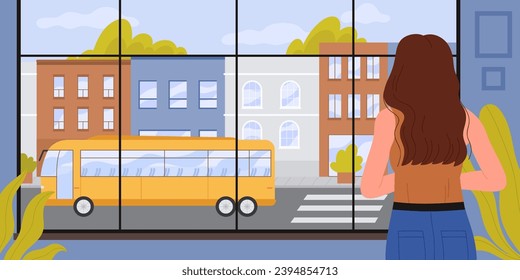 Niña mirando la ventana del autobús en la calle de la ciudad y pensando en la ilustración vectorial. Vista posterior de caricatura de una joven parada al lado de una ventana panorámica para mirar afuera de las casas viejas y el transporte, piensen solas