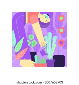 The girl looks after flowers while isolated. The concept of dedicating time to yourself during a pandemic. Growing a garden in the apartment. Colored flat vector illustration.