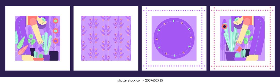 The girl looks after flowers while isolated. The concept of dedicating time to yourself during a pandemic. Growing a garden in the apartment. Colored flat vector illustration.