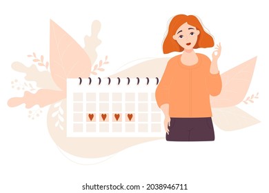 Girl looks at calendar. A beautiful girl with red hair stands next to the menstruation calendar and is counting. Vector illustration. Girl menstruation concept and womens health