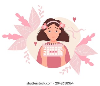 The girl looks at the calendar. beautiful woman with flowers in her hair holds a menstruation calendar in her hands. Vector illustration. Girl menstruation concept and female health