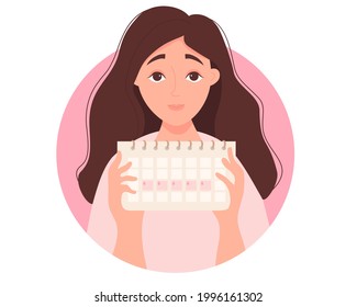 The girl looks at calendar. Portrait of a beautiful long-haired brunette holding a female menstruation calendar. Vector illustration. Girl menstruation concept and female health