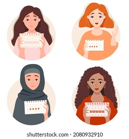  girl looks at calendar. Set of different ethnic beautiful girls with female menstrual cycle calendar in hands. Vector illustration. concept Womens health, female problems