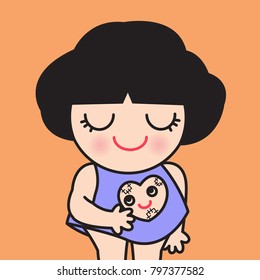 Girl Looks Down And Gently Touch On Her Heart Patch. Concept Of Repairing The Damage Of Broken Heart Card Character illustration